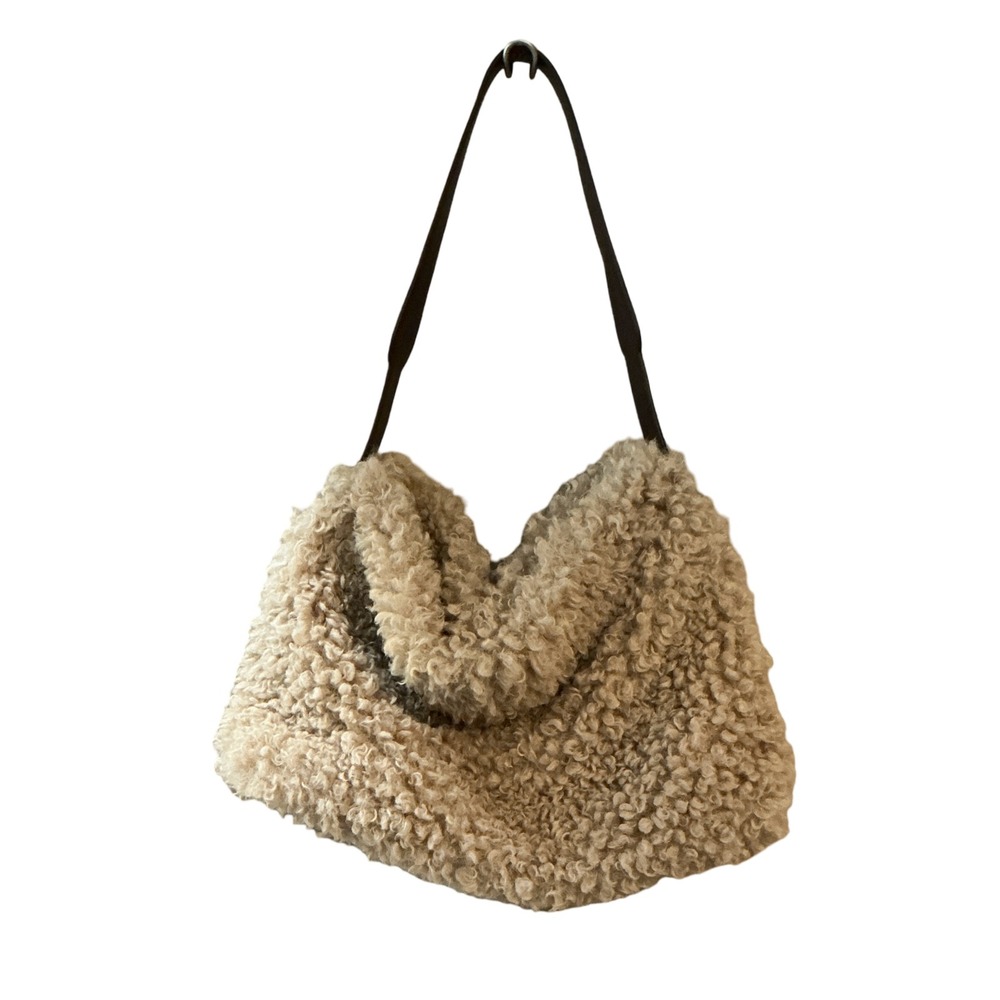 Cream Faux Shearling Sherpa Shoulder Bag Brown Strap Teddy‎ Hobo Purse - Picture 2 of 8